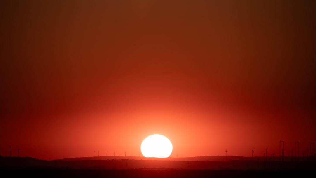 The sun is setting over a field of grass