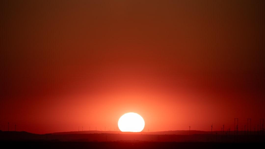 The sun is setting over a field of grass